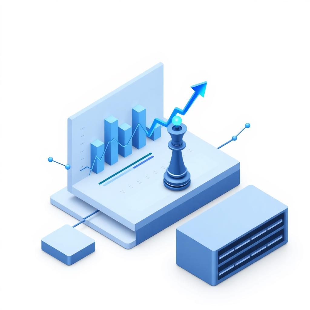 Tableau de bord stratégique avec graphiques d'analyse de performance et indicateurs de croissance en 3D isométrique, illustrant le consulting stratégique et le pilotage de transformation