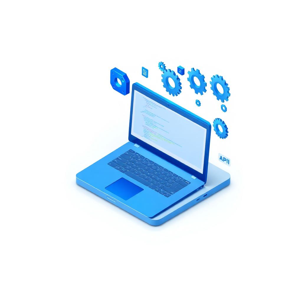 Écran d'ordinateur affichant du code source et des éléments d'interface flottants en 3D isométrique, illustrant le développement logiciel sur mesure
